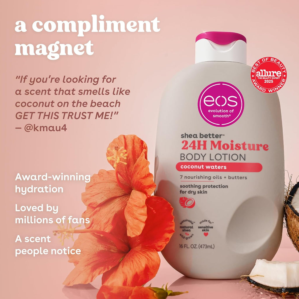 eos Shea Better Body Lotion Coconut Waters, 24-Hour Moisture Skin Care, Lightweight & Non-Greasy, Natural Shea, Vegan, Coconut Body Lotion, 16 fl oz