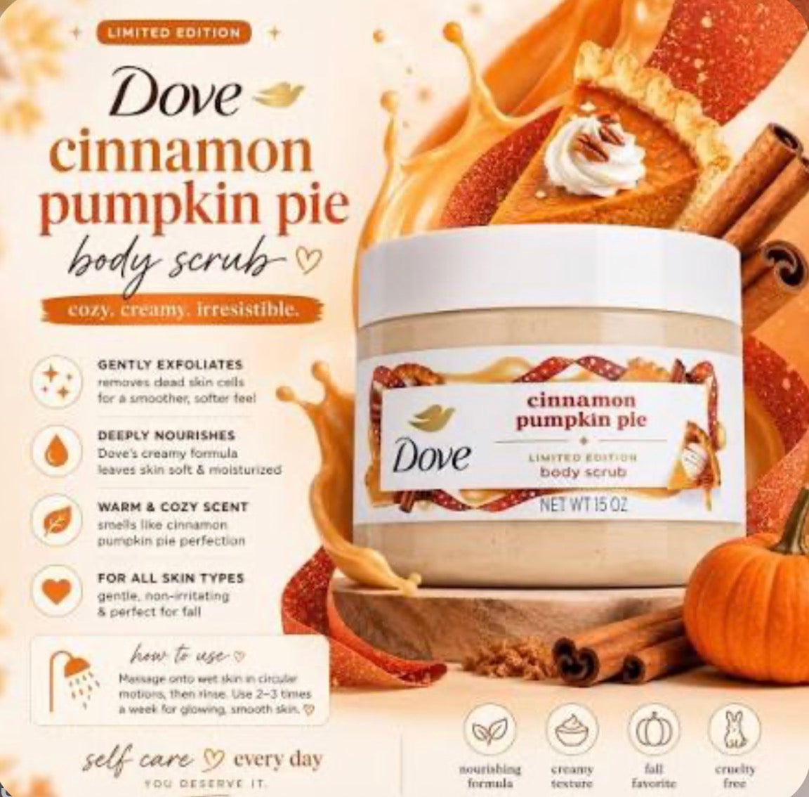 Dove Beauty Limited Edition Fall Holiday Treat Body Scrub – Cinnamon Pumpkin Pie, 15oz